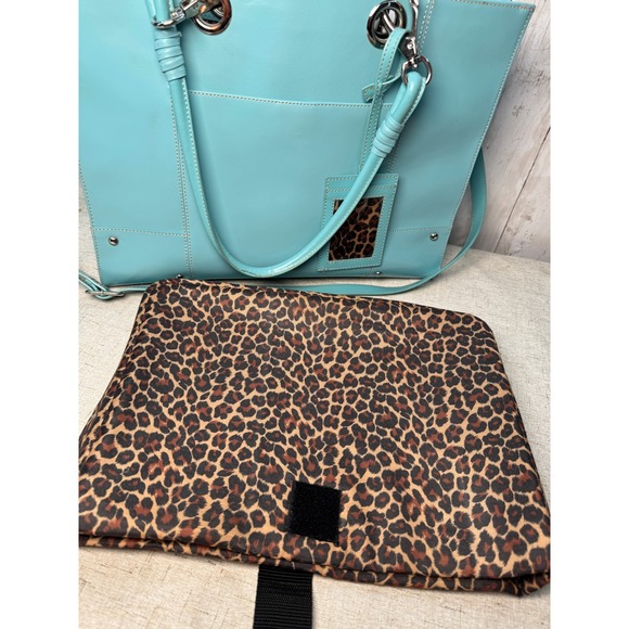 Wilsons Leather Turquoise Tote Shoulder Bag Crossbody Leopard Lining Insert - Picture 3 of 10